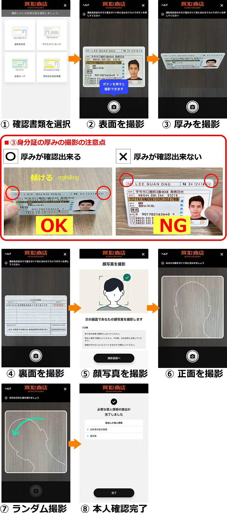 本人確認の流れ ①確認書類を選択 ②表面を撮影 ③厚みを撮影 ■③身分証の厚みの撮影の注意点 ○厚みが確認出来る ×厚みが確認出来ない ④裏面を撮影 ⑤顔写真を撮影 ⑥正面を撮影 ⑦ランダム撮影 ⑧本人確認完了